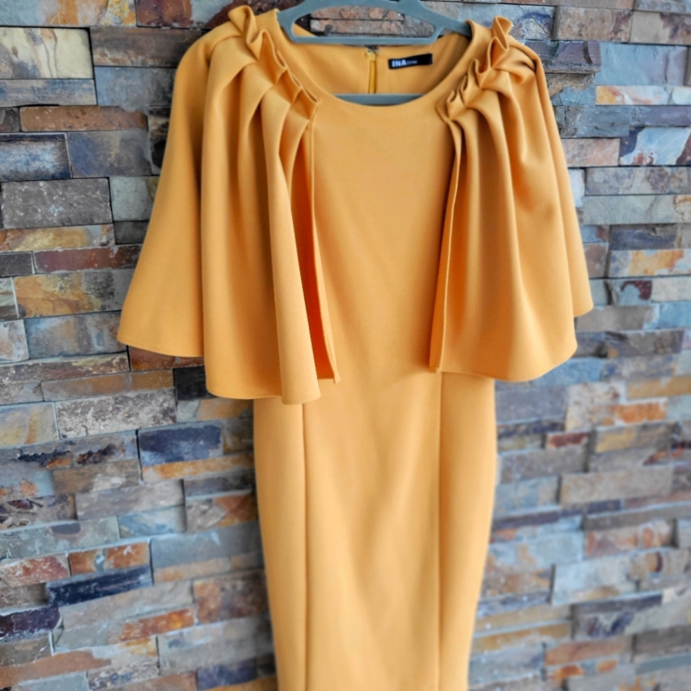 Mustard Caped Design Pencil Dress